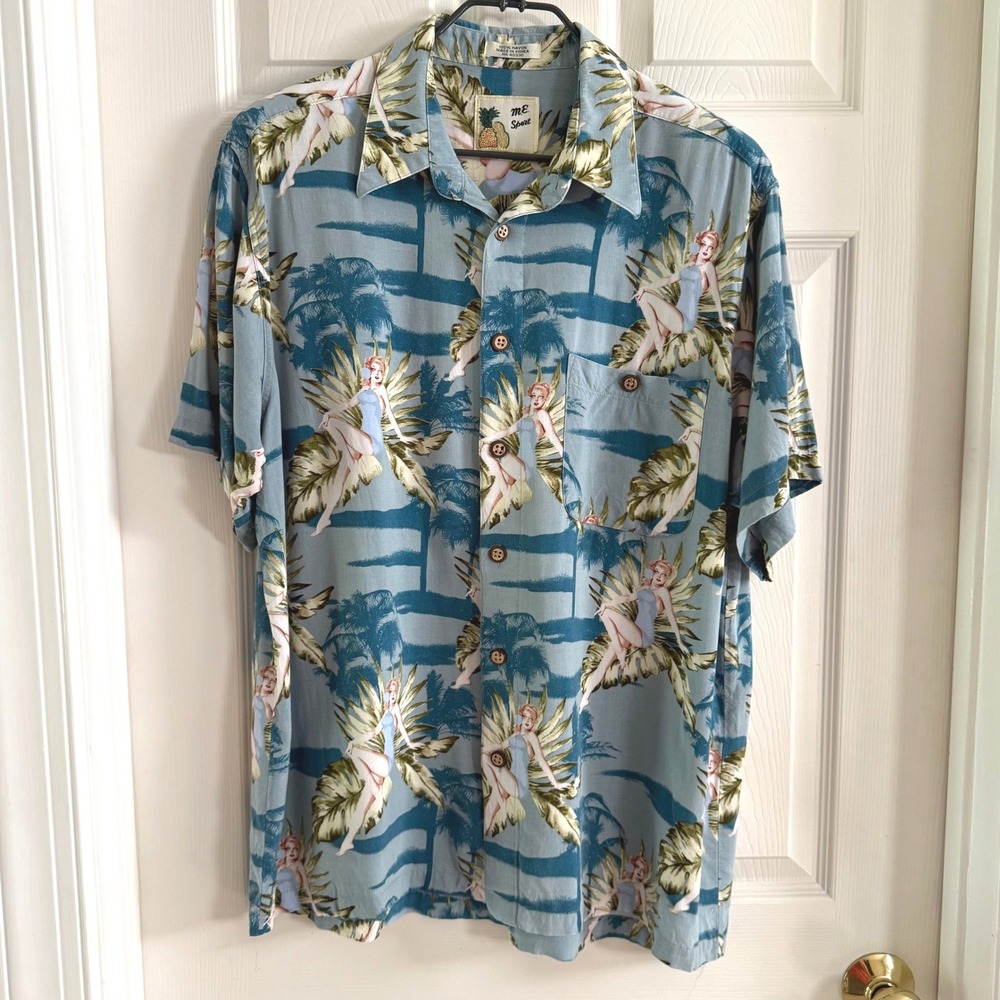 Vintage ME Sport Mens Pinup Girl Hawaiian Shirt Blue Rayon Tropical Palm Tree Lg